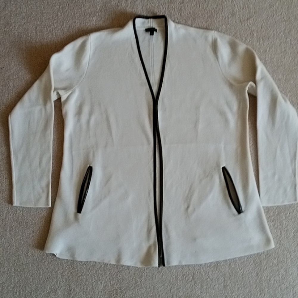Woman's Medium Talbots Off White Open Cardigan Black Fax Leather Trim